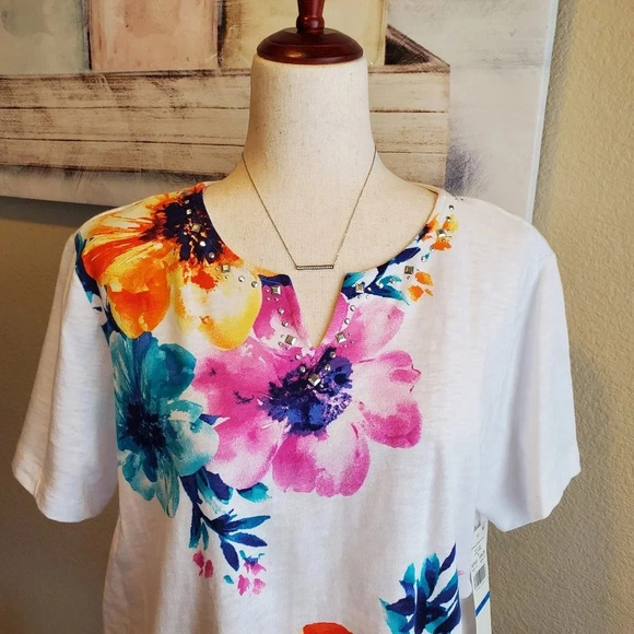 ALFRED DUNNER | Embellished Floral Knit Top sz XLP - Picture 2 of 8